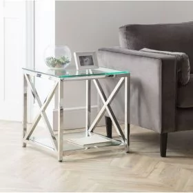Miami Stylish Cross Frame Design Side End Table - Tempered Glass