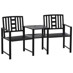 Patio Tete-a-tete Chair 2 Seat Bench Middle Coffee Table w/ Umbrella Hole for Outdoors Decorative Slatted Design Steel Frame Black