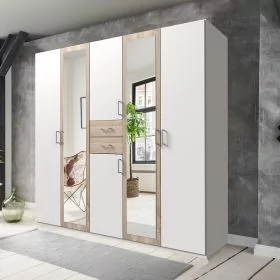 Wardrobe - DAKAR 5 Door Wardrobe White and Oak 225cm