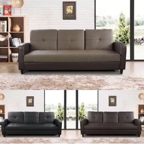 Convertible Faux Leather 3 Seater Sofabed with Cup Holders and Armrests - Black, Brown and Ash Grey with Brown