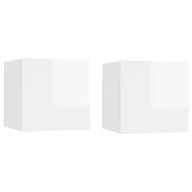 Bedside Table - WELLAND 2 Piece Nightstand High Gloss White 30.5cm