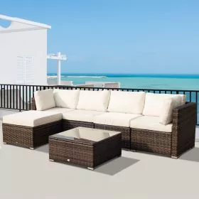 Deluxe 6PC Rattan Corner Sofa Set - Brown