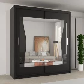 Sliding Wardrobe - HEFFNER 2 Door Mirrored Wardrobe Black 150cm