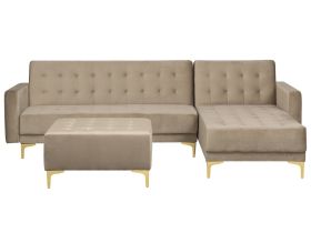 Left Hand Velvet Corner Sofa with Ottoman Sand Beige ABERDEEN