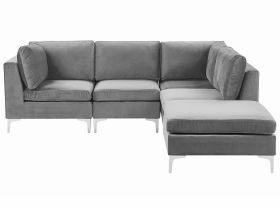 Left Hand 4 Seater Modular Velvet Corner Sofa with Ottoman Grey EVJA