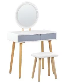 Dressing Table - HUNZA 2 Drawer Dresser White and Grey - Round Mirror 80cm