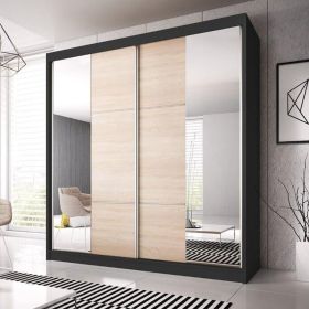 Sliding Wardrobe - MALTA 2 Door Mirrored Wardrobe Black Matt 233cm