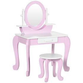 Kids Dressing Table Set Kids Vanity Set Girl Makeup Desk with Mirror Stool Drawer Round Legs for 3-6 Years Old, Pink
