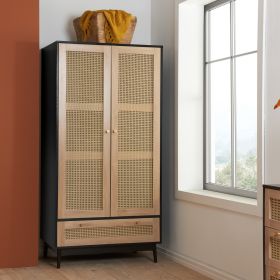Wardrobe - CARDANO 2 Door 1 Drawer Rattan Wardrobe Black 90cm