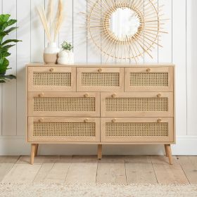 CARDANO Oak Finish Rattan Chest of Drawers - Large-sized, 7 Drawers