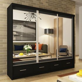 Sliding Wardrobe - NEWRY 3 Door Mirrored Wardrobe Black 250cm