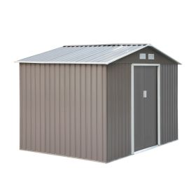 9 x 6 ft Metal Garden Storage Shed Sloped Roof Tool House with Foundation Ventilation & Double Door, Grey
