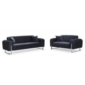 Herron Silver Metal Frame Plush Velvet 3 Seater and 2 Seater Sofa Set - Black