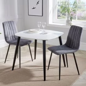 Compact Square White Effect Dining Table with 2 Grey Straight Slit Fabric Chair