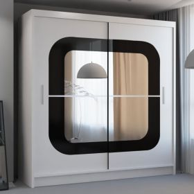 Sliding Wardrobe - COVINA 2 Door Mirrored Wardrobe White with Black Strip - 150cm and 203cm