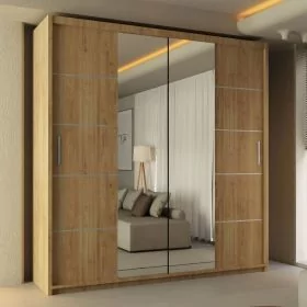 Sliding Wardrobe - LISBANE 2 Door Mirrored Wardrobe Oak - 150cm 180cm and 203cm