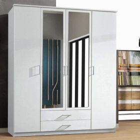 Wardrobe - ROMANS 4 Door Mirrored Wardrobe White Black Oak 171cm