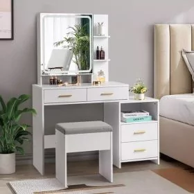 Large Dressing Table Vanity Set with LED Mirror Cabinet Stool Drawers - White