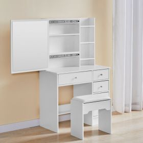5 Drawers Sliding Mirror Modern Makeup Desk Dressing Table and Stool - White