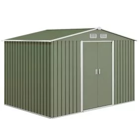 9 x 6 ft Metal Garden Storage Shed Corrugated Steel Roofed Tool Box with Foundation Ventilation and Doors, Light Green