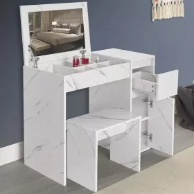 High Quality Dressing Table With Stool Drawers Flip Up Mirror Vanity - White Marble