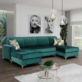 Hamilton Diamond Design Velvet Fabric Large Sofabed with Ottoman Storage - Green