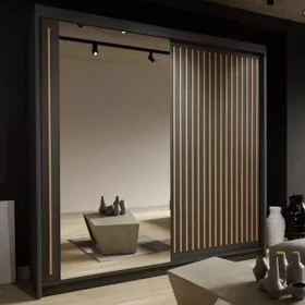 Sliding Wardrobe - ZEUS 2 Door Mirrored Wardrobe Black 203cm
