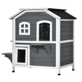 Solid Wood Cat Condos Pet House Water Proof Outdoor 2-Floor Villa, Grey