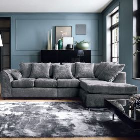 Gilliver Plus Crushed Chenille Corner Sofa - Right Arm Dark Grey