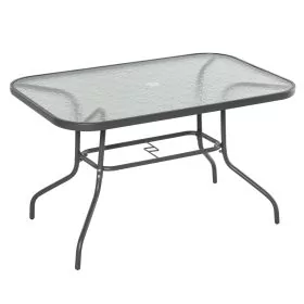 Glass Top Garden Table Curved Metal Frame w/ Parasol Hole 4 Legs Outdoor Balcony Sturdy Friends Family Dining Table -Grey