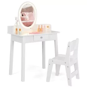Kids Vanity Set Makeup Beauty Dressing Table and Chair with Lighted Mirror - White