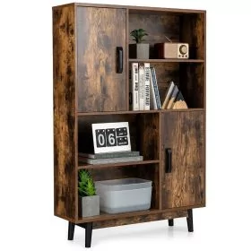 Sideboard - Freestanding Wooden Sideboard Storage Cabinet with 2 Doors and 4 Shelves-Coffee
