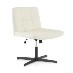 Office Chair - PU Leather Upholstered Armless Cross Legged Office Desk Chair No Wheels Beige 70cm