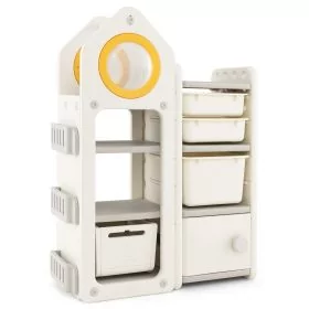 Kids Toy Storage Organizer with Mobile Trolley and Unique Roof - Beige