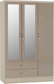 Wardrobe - NEWBIGGIN 3 Door Mirrored Wardrobe Oyster Gloss with Light Oak 116cm