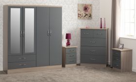Wardrobe Set - NEWBIGGIN 4 Door Bedroom Set Grey Gloss Light Oak Effect Veneer 154cm
