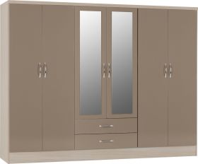 Wardrobe - NEWBIGGIN 6 Door Mirrored Wardrobe Oyster Gloss with Light Oak 230cm