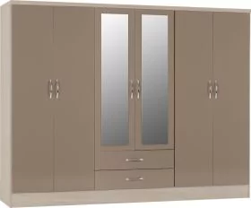 Wardrobe - NEWBIGGIN 6 Door Mirrored Wardrobe Oyster Gloss with Light Oak 230cm