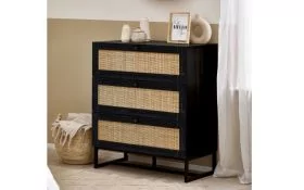 PETERLEE Black Rattan Chest of Drawers - Medium-sized, 3 Drawers