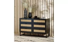 PETERLEE Black Rattan Chest of Drawers - Large-sized, 6 Drawers, Double