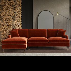 PAYTON Velvet 4 Seater L Shaped Fullback Corner Sofa - Burnt Orange, Left Hand Facing