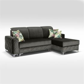 Hamilton Diamond Design Velvet Fabric Small Sofabed with Ottoman Storage - Grey