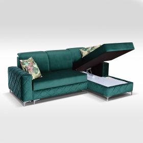 Hamilton Diamond Design Velvet Fabric Small Sofabed with Ottoman Storage - Green