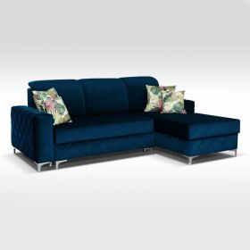 Hamilton Diamond Design Velvet Fabric Small Sofabed with Ottoman Storage - Blue