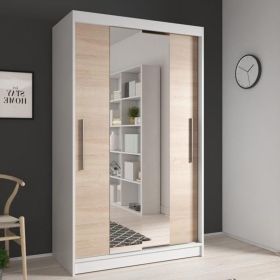 Sliding Wardrobe - NISSAN 2 Door Mirrored Wardrobe White Matt with Sonoma Oak Fronts 120cm