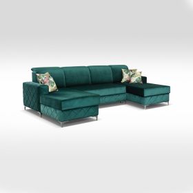 Hamilton Diamond Design Velvet Fabric Large Sofabed with Ottoman Storage - Green
