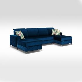 Hamilton Diamond Design Velvet Fabric Large Sofabed with Ottoman Storage - Blue