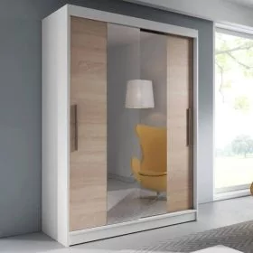 Sliding Wardrobe - VERCELLI 2 Door Mirrored Wardrobe White Matt with Sonoma Oak 150cm