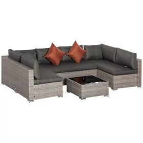 Garden Rattan Furniture 6-Seater PE Rattan Sofa Set, Outdoor All Weather Conservatory Furniture, w/ Tempered Glass Coffee Table, Deep Grey