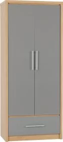 Wardrobe - SELSEY 2 Door 1 Drawer Wardrobe Grey High Gloss with Light Oak 76cm